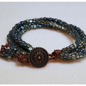 Gypsy Wildflower Bracelet with Sage Green Beads and Greek Leather